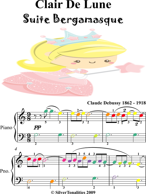 Cover image for Clair de Lune Suite Bergamasque Easy Piano Sheet Music with Colored Notes